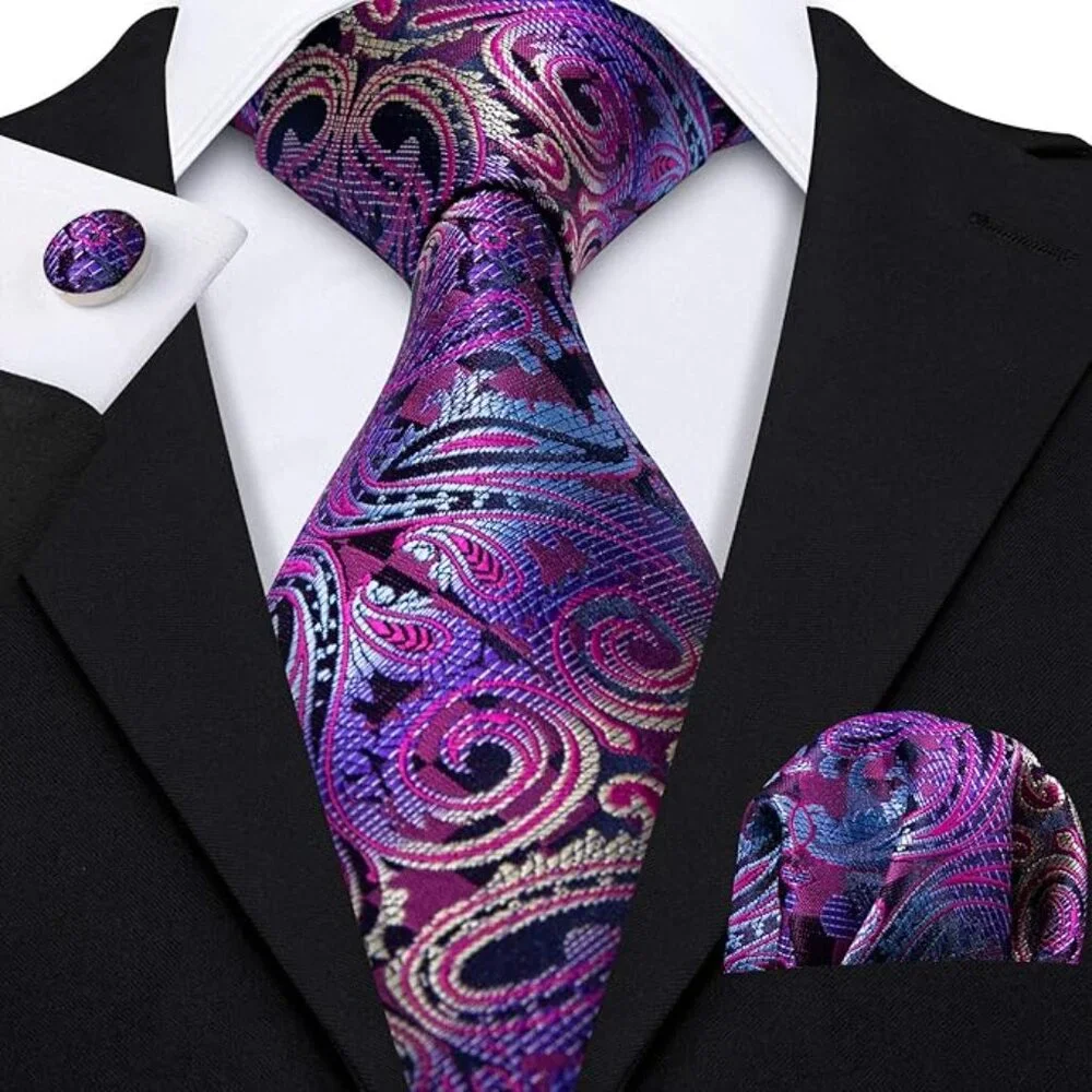 SILK Paisley Necktie And Pocket Square Cufflinks Set Purple